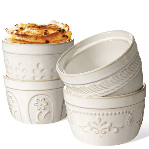 Artena 4-Piece 4 oz Glossy Embossed Damask Floral White Ceramic Round Ramekins - Oven-Safe Decorative Bowls, Multiple Patterns Thermal Dishes, Gift-Ready Wedding Kitchen Bakeware for Creme Brulee