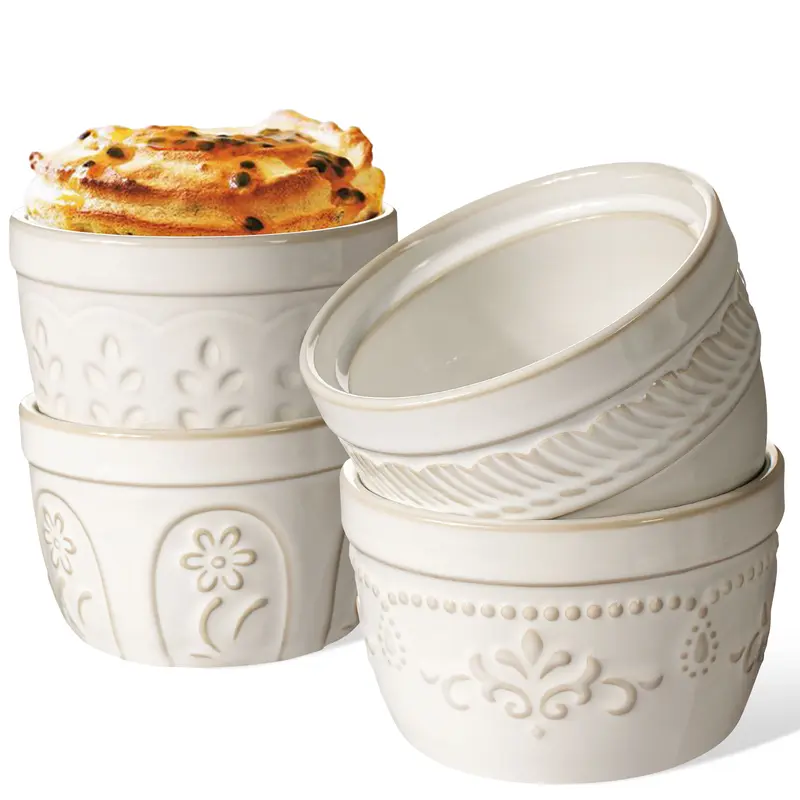 Artena 4-Piece 4 oz Glossy Embossed Damask Floral White Ceramic Round Ramekins - Oven-Safe Decorative Bowls, Multiple Patterns Thermal Dishes, Gift-Ready Wedding Kitchen Bakeware for Creme Brulee
