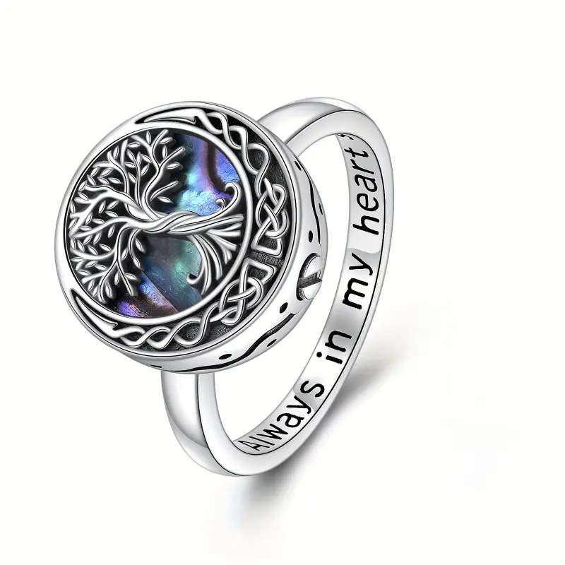 Men's & Women's Tree of Life Cremation Ring - Celtic Knot Costume Jewelry with Shell Accent, Genealogy Souvenir, Forever in My Heart Keepsake Solitaire Stackable Ring, Men's Accessories for Adults