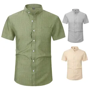 Men's Linen Textured Short Sleeve Shirt Stand Collar Breathable Loose Fit Casual Button Down for Spring Summer Beach & Daily Outfits