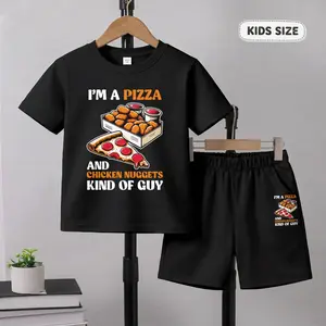 Boys’ Pizza And Chicken Printed Design Short Sleeve T-Shirt And Shorts Set, Casual Kids Summer Outfit, Comfortable Crew Neck Clothing Set For Daily Wear And Outdoor Play