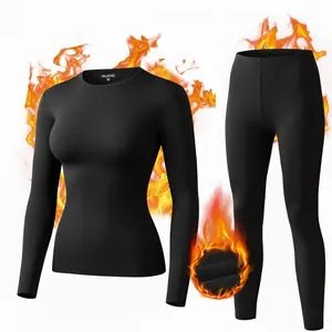 NevEND Long Johns Microfiber Soft Fleece Lined Thermal Underwear for Women Crewneck Set Winter Warm Base Layer Top & Bottom Black S - 2XL Menswear Sweat