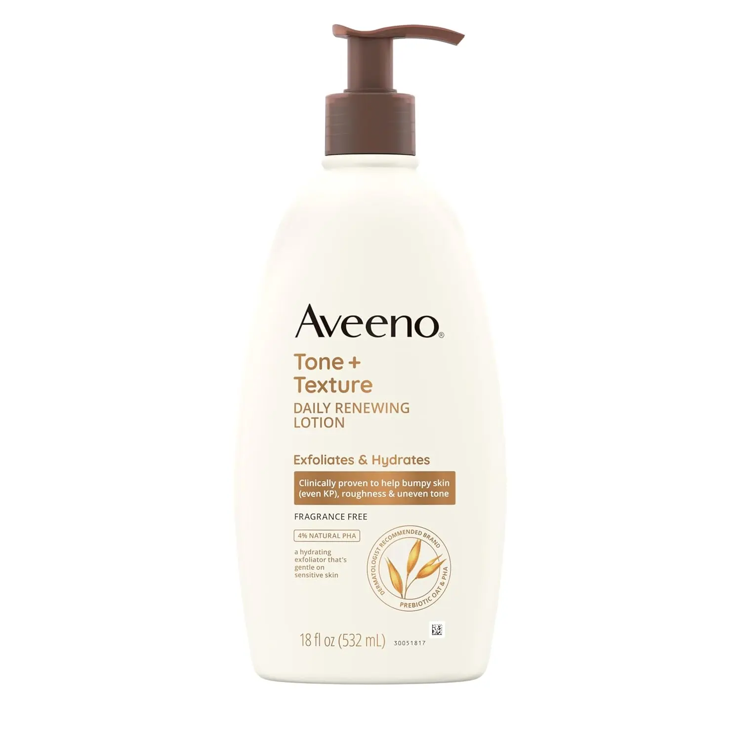 Aveeno Tone + Texture Daily Renewing Body Lotion with Prebiotic Oat, Fragrance-Free, Hydrates & Smooths Dry, Rough, Bumpy Skin Including KP, 18 fl. Oz