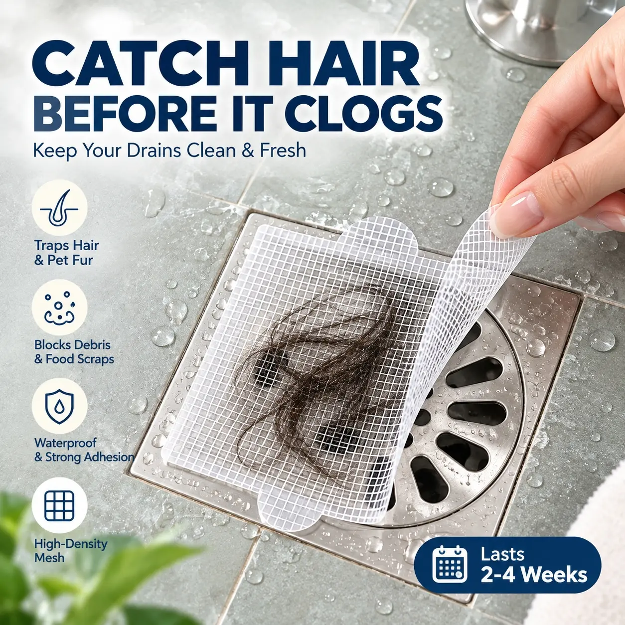 TAKOO Upgraded  Disposable Shower Drain Hair Catcher Mesh Stickers, Waterproof Anti-Clogging Mesh Strainer Sticker, Transparent Easy Installation Bathroom Cleaner Gadgets for Household Floor Drain Cover Filters