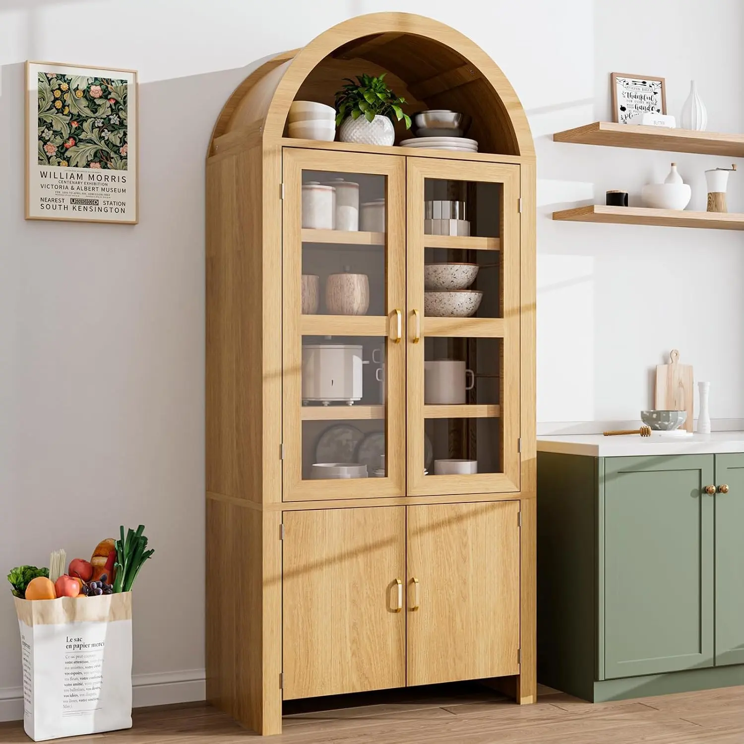 Oneinmil 71" Tall Arched Modern Farmhouse Wood Pantry Cabinet - Modern Home Furniture, Pantry Cabinet Organization, Clever Storage Cupboard for Dining Room & Kitchen