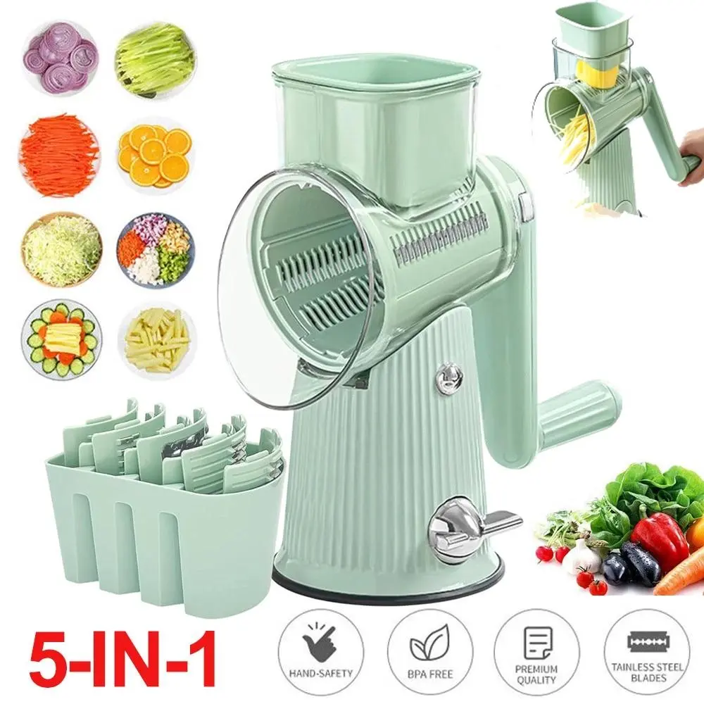 Stylish Rotary Cheese Grater & Vegetable Slicer, Hand Crank Mandoline for Food Prep with 10 Stainless Steel Blades, Suction Base, Peeler & Cleaning Brush