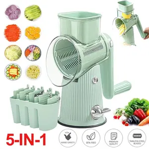 5-in-1 Rotary Cheese Grater with 10 Blades, Suction Base & Safety Handle, Kitchen Utensil for Slicing, Shredding, Grinding & Chopping