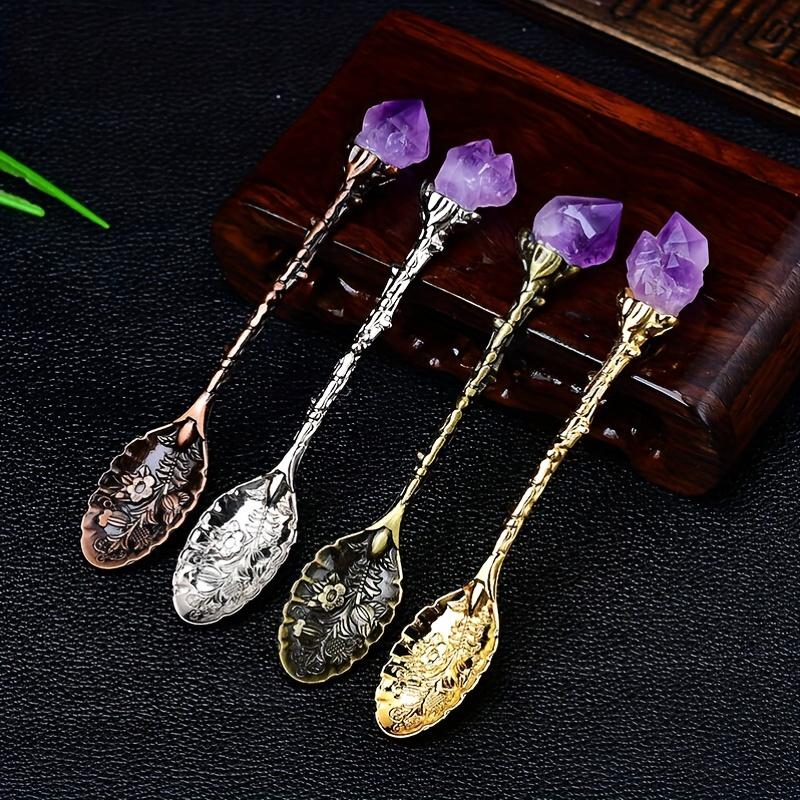 1/2/4/7pcs Natural Amethyst Flower Coffee Spoons Decorative Tea Spoons, Purple Crystal Spoons,Vintage Carved Spoons Dessert Spoon Ice Cream Spoons Hand Polished Raw Stone Crystal,Lucky home