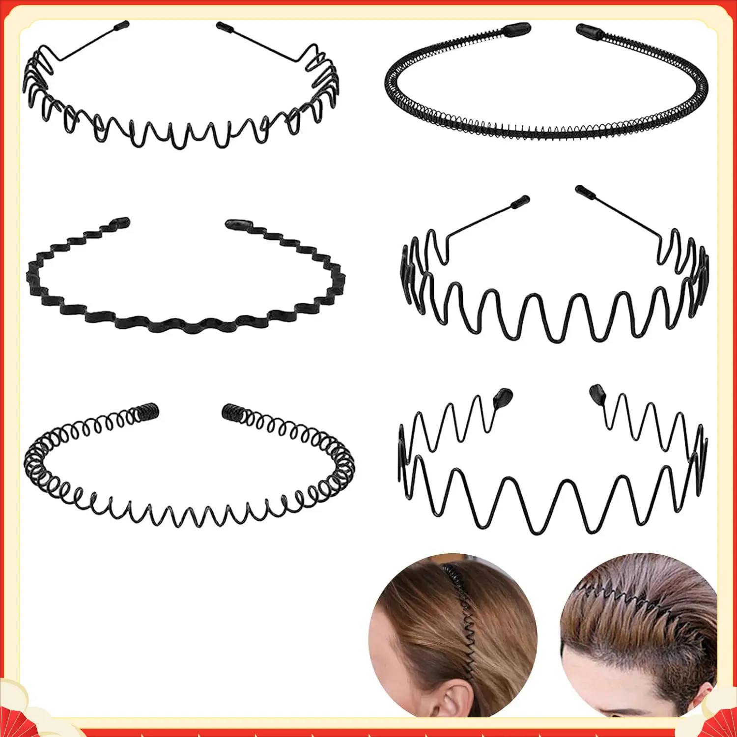 💇 Metal Wavy Headbands, Unisex Black Hair Bands, Adjustable Secure Fit for Men & Women, Ideal for Sports, Outdoor & Graduation