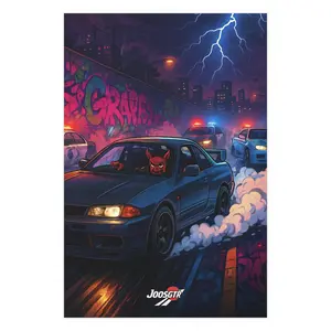 Speed Demon Nissan Skyline R32 Night Racer Running from Cops Poster, Wall Art Decor, Car Enthusiast Gift, Street Racing Lover
