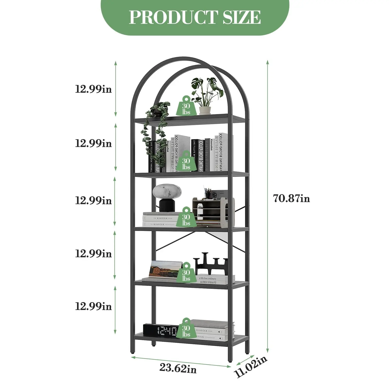 Garvee Curved Bookshelf - 5-Tier, 70.87" Tall Industrial Metal Frame, Sturdy Waterproof Adjustable Organizer, Assembly Required, for Bedroom & Home Office (Grey, Gold), Simple