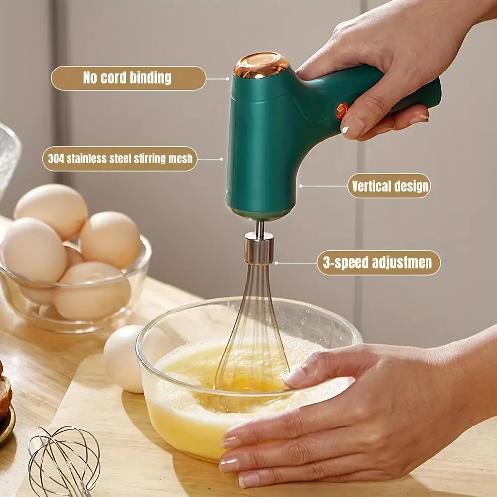 Hand Mixer |     Household Cordless Electric Hand Mixer, USB Rechargeable, 304 Stainless Steel, With 2 Detachable Stir Whisks, 3 Speed Modes for Kitchen Baking