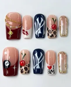 Bold Y2K Press On Nails, 8 Ball Cherry Nails, Handmade Press On Nails with NYC Graffiti, Y2K Cherry Leopard Print nails, Y2k nails
