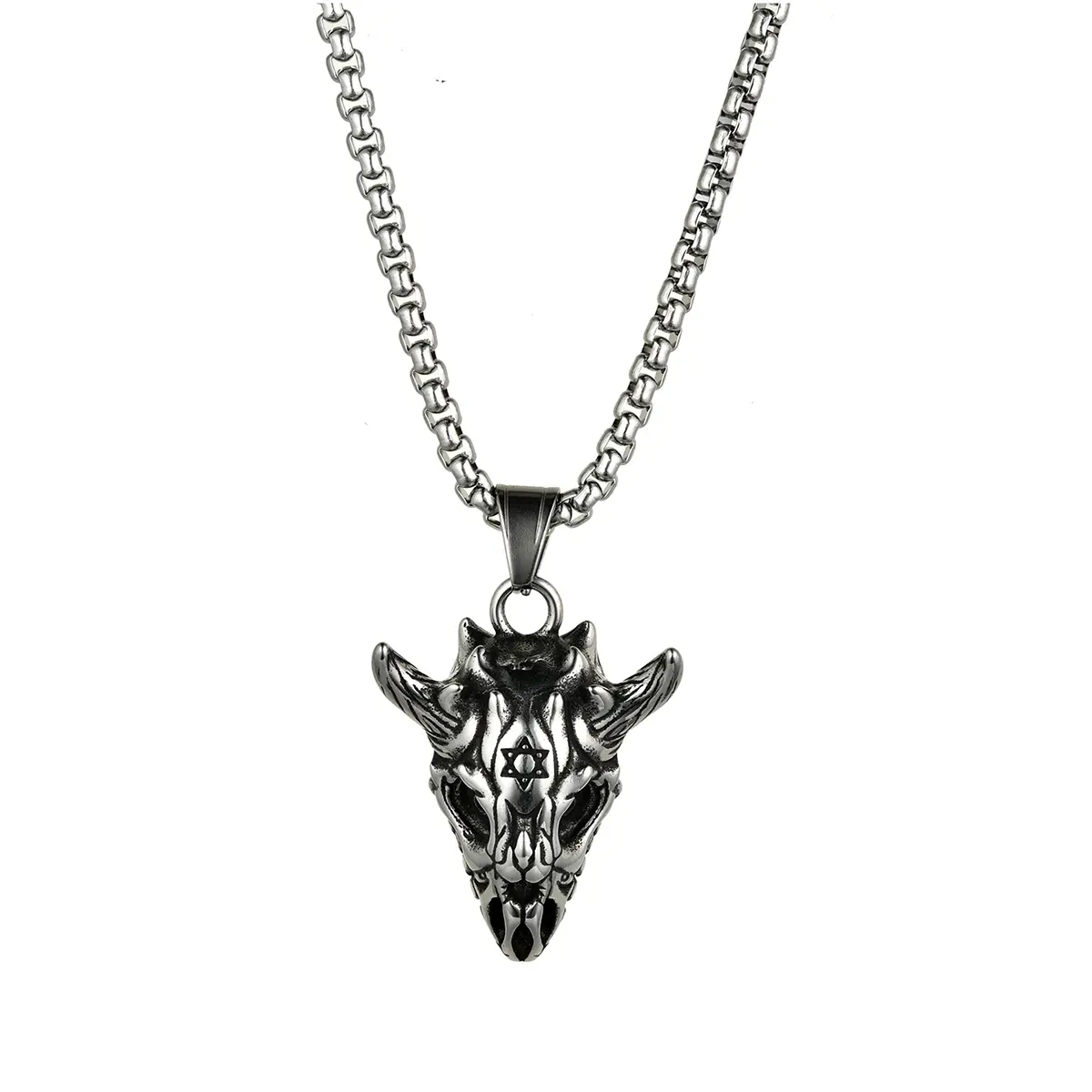 OIDEA Men's Vintage Gothic Punk Pendant Necklace, Stainless Steel Hexagram Bull Head with Rust-Resistant 22" Curb Chain