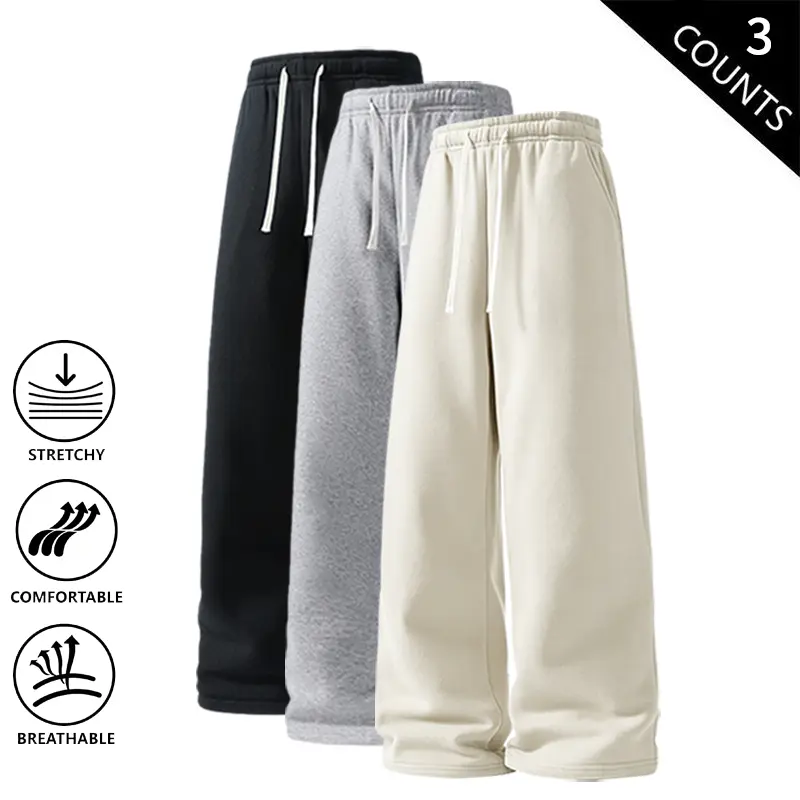 Men’s 3-Pack Wide-Leg Sweatpants, Elastic Waist Drawstring Casual Pants, Soft Stretch Breathable Loose-Fit Joggers, Comfortable Straight-Leg Sweatpants for Men