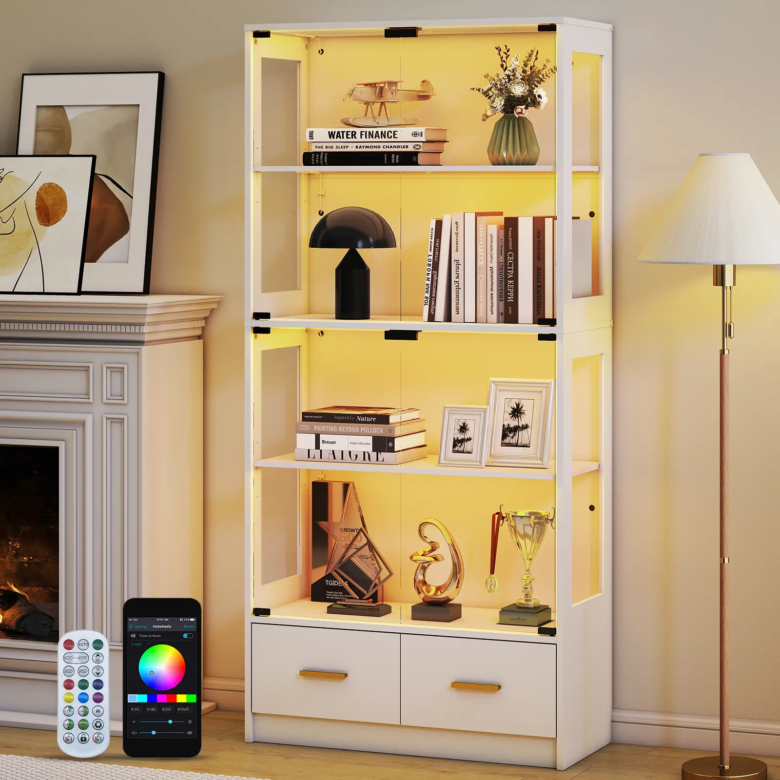 67" Glass Door Display Cabinet with RGB LED Lights, 4-Tier Curio Cabinet with 2 Drawers for Collectibles, Living Room & Office