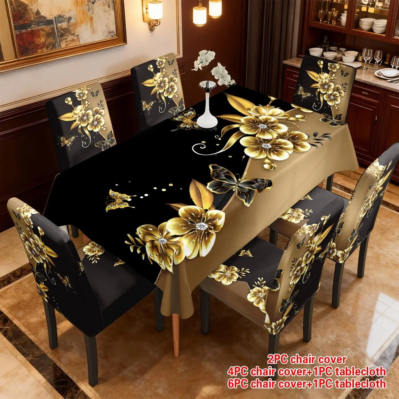 2/5/7pcs Restaurant Chair Tablecloth Set, Gold Butterfly Print, Elastic Polyester Slipcover, Detachable Washable, Home Office Hotel Decor, Dining Chair Slipcovers
