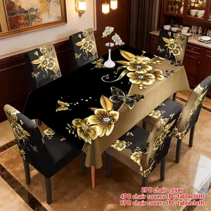 2/5/7pcs Restaurant Chair Tablecloth Set, Gold Butterfly Print, Elastic Polyester Slipcover, Detachable Washable, Home Office Hotel Decor