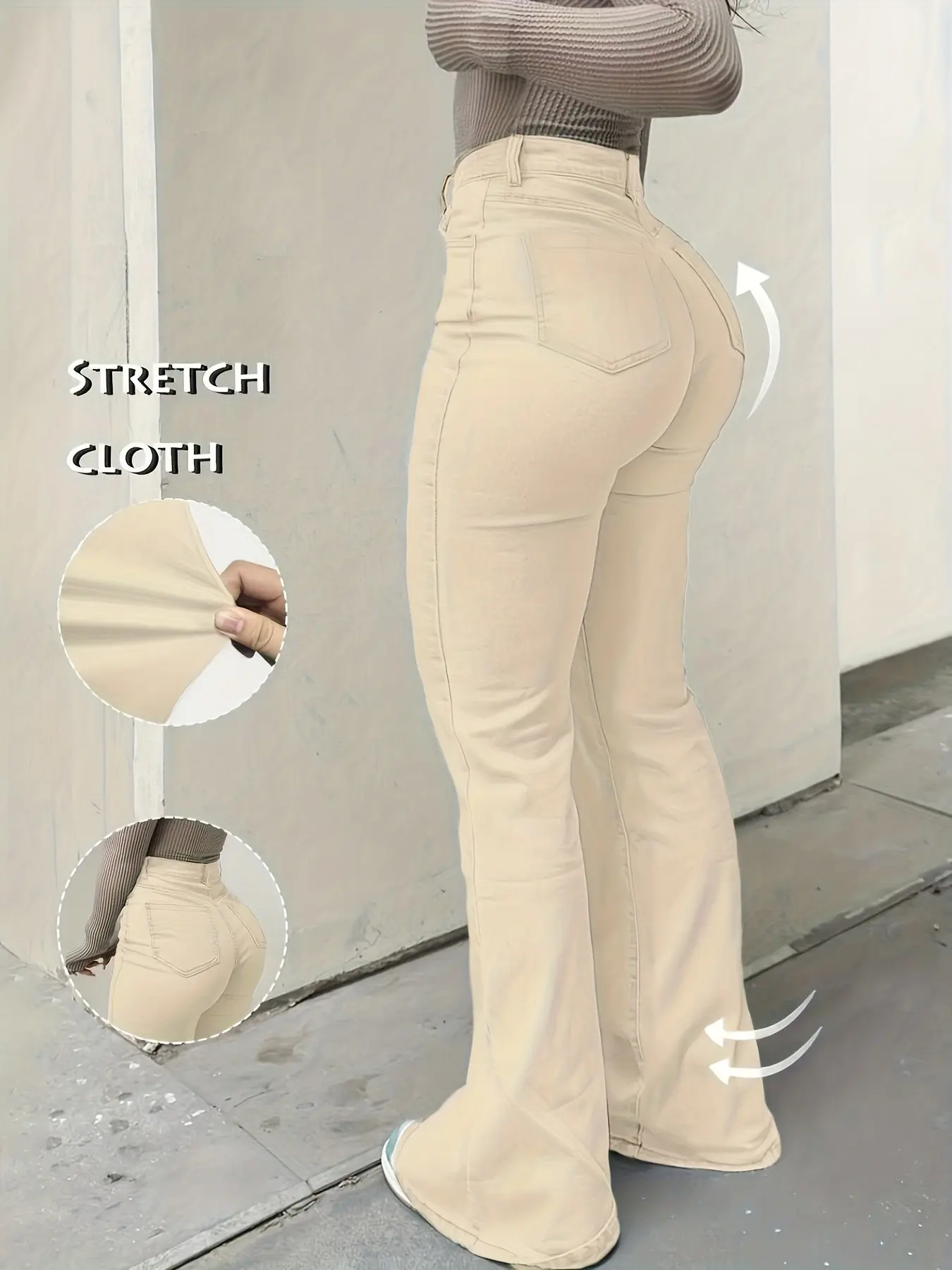 Women's High Waist Elastic Flare Pants, Bodycon Flared Legs, Elegant Chic Slim-Fitting Long Trousers, All Season Basic Plain Pattern, Comfortable and Stylish, Flared, High Waistband Pants