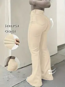 Women's High Waist Elastic Flare Pants, Elegant Slim-Fitting Long Trousers, All Season Plain Pattern, Comfortable and Stylish