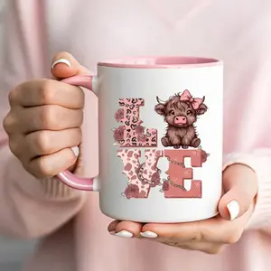 Highland Cow LOVE Mug - Western Coquette Coffee Cup - Pink Leopard Rose Tea Tumbler - Country Chic Valentine's Gift