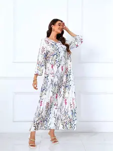 Elegant Women's Long Sleeve A-Line Mid-Length Floral Dress, Loose-Fitting Woven Fabric, All Seasons Casual Fashion, Moderate Thickening, Womenswear, Boho Bohemian Casual