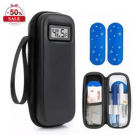 Insulated Compact Insulin Cooler Travel Case with Temperature Display - 2 TSA-Approved Ice Packs, GLP-1 Compatible, 8.5x3.5x2.3 Inches, 9.52 oz, Trip-Ready Cooling, Adjustable Settings, Ensures Insulin Temperature, Maintains Integrity (02)