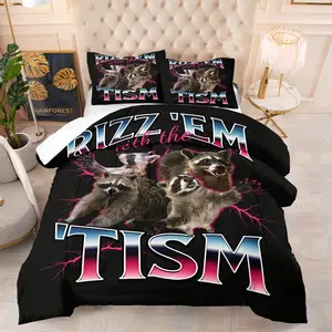 Quirky Raccoon Meme RIZZ 'EM With The 'TISM Trendy Slogan Print American Retro Cool Street Style Men's Bedroom Dorm Trendy Set Including Duvet Cover And Pillowcase, Does Not Include Filling