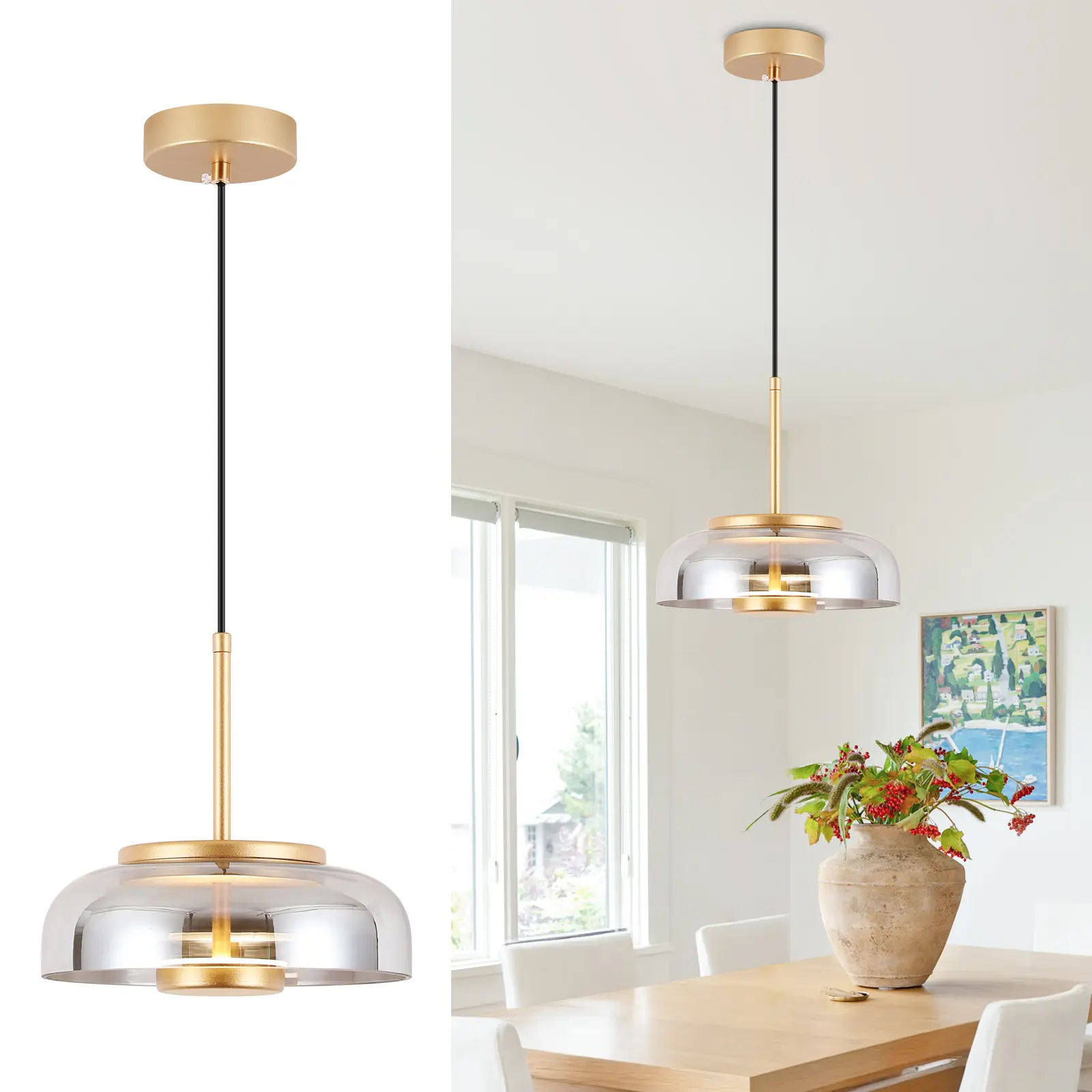 Modern Brushed Golden Pendant Light with Smoke Gray Glass Shade, Nordic Minimalist LED Ceiling Chandelier for Kitchen Island & Dining Room