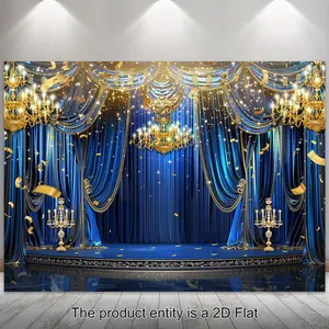 1pc 2D Flat Blue Curtain Background Vintage Shiny Stage With Golden Crystal Chandelier Candelabra Colorful Paper Photography Party Decoration Banner Celebration Props Photo Shooting Fabric