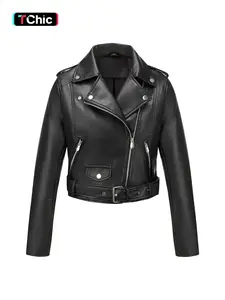 Women's Vintage Street Style PU Leather Jacket, Fitted Short Biker Motorcycle Coat with Zipper Belt, Y2K Retro Faux Leather Outerwear Spring Autumn