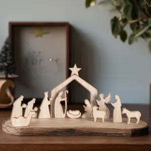Handcrafted Wooden Nativity Scene Set, 13Pcs Deluxe Christmas Holy Family Figurines with Star & Stable, Rustic Boho Tabletop Decor for Home Mantel, Fireplace & Christmas Gift