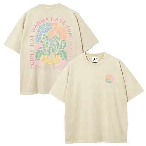 Men's Vintage Oversized Crew Neck Graphic T-Shirt - Unisex Washed Batik Cotton Fabric, "Girls Just Wanna Have Fundamental Human Rights" Print, Soft Pre-Shrunk Stretch, Casual Streetwear, Back to School