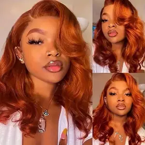 14in 13x4 Transparent Lace Front Human Hair Wig, 180 Density Body Wave, Pre-Plucked, Glueless, Ginger Orange Color (350 Shade)