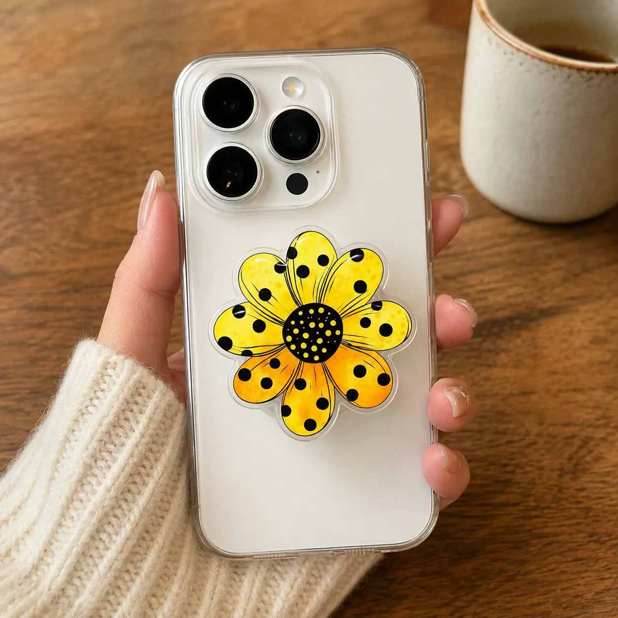 Yellow Polka Dot Daisy MagSafe Phone Grip – Retro Floral Magnetic Phone Grip Stand – Cute Boho Flower Phone Holder