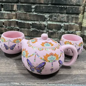 Pink Yixing Teapot Set with Butterfly & Lotus Design Magical Chinese Tea Ritual Kit for Unique Aesthetic