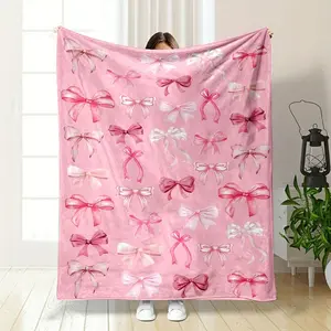 Beautiful Bow Print Pattern Blanket Ultra Soft Flannel Cozy Warm Versatile Bedroom Couch Sofa Office Nap Throw Decor Decorative Throw Perfect Birthday Gift Christmas Gift for Bow Lovers Adults Viral Trending Cute Preppy Aesthetic Style