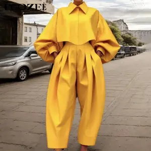 Long Sleeves Loose Buttoned Pleated Solid Color Lapel Blouses&Shirts Tops High-Low Loose Pleated Pockets Solid Color Pants Trousers Clothes Suits Womenswear Collared