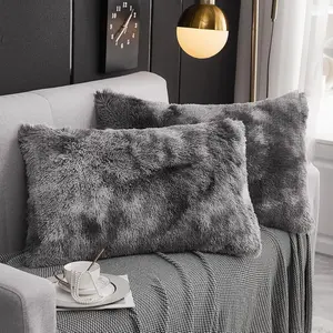 Shaggy Fluffy Faux Fur Pillowcases 2 Pack Button Closure Velvet Pillow Shams Standard/Queen Size (Tie Dye Dark Grey, 20 X 26 Inches)