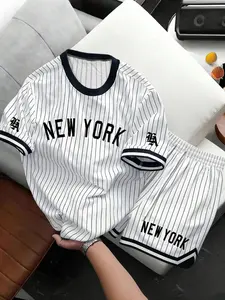 Men's Summer Striped Baseball T-Shirt and Drawstring Shorts Set, Vintage Street Style Round Neck Short Sleeve, Comfortable Casual Sport Wear