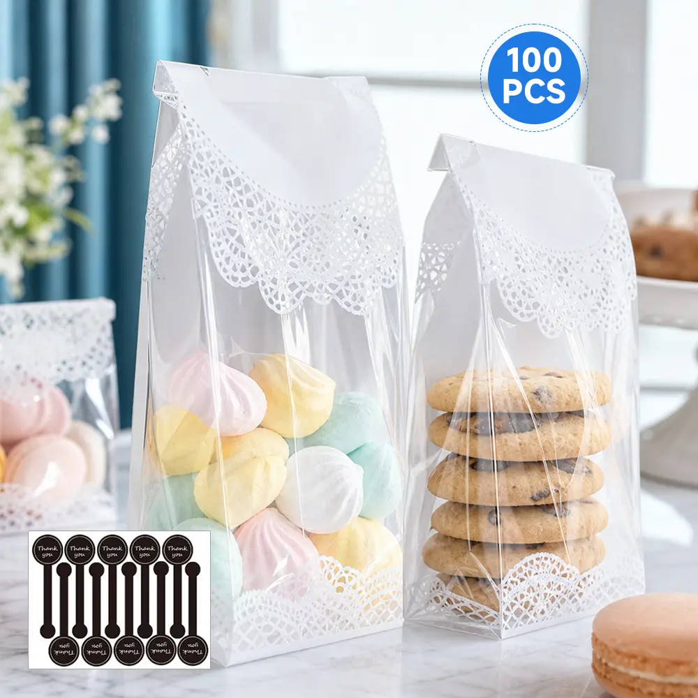 100 Pack Cookie Bags with Lace Edge – Clear Baking Food Bags for Wedding, Bridal Shower, Birthday Party – Perfect for Candy, Cookies, Gift Wrapping