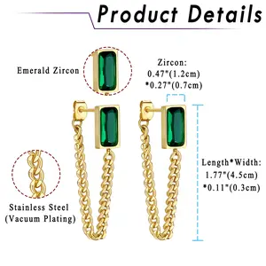 OIDEA Stainless Steel Cuban Chain Drop Earrings for Men Women, Gold Tone Green CZ Square Cubic Zirconia Long Dangle Earrings