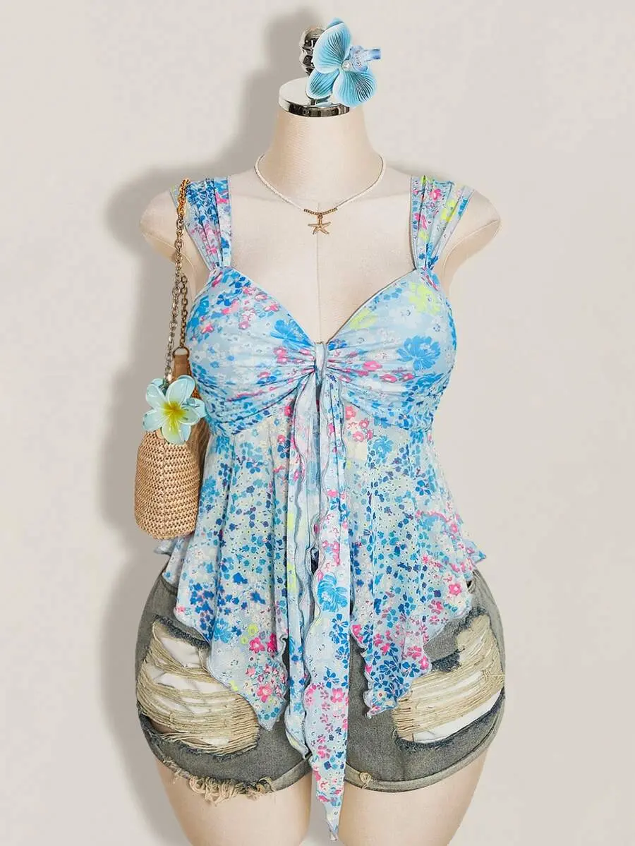 Women's Plus Size Floral Print Asymmetrical Twist Tank Top Boho Knit Cami for Beach Vacation