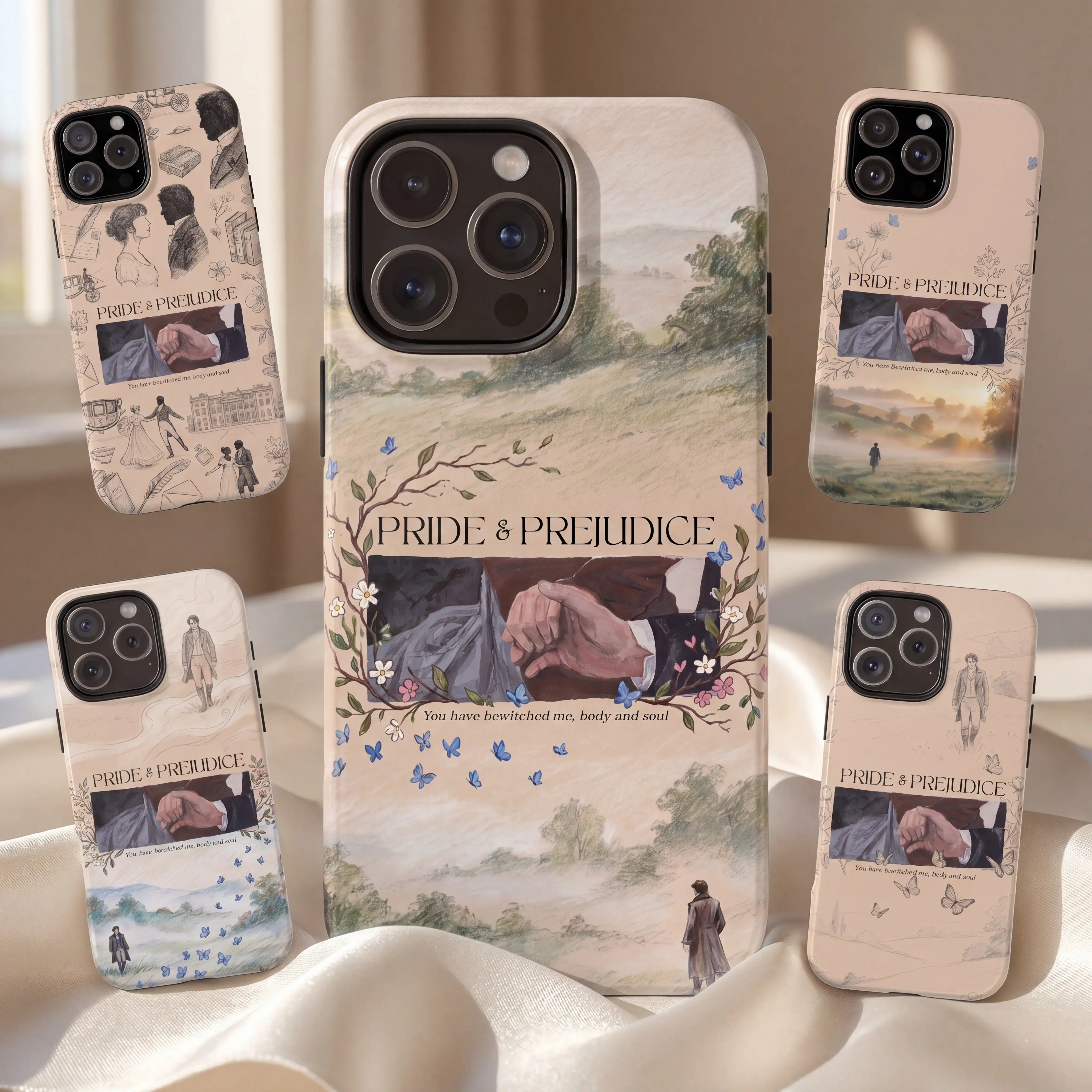 Pride and Prejudice Crayon Art V1 Glossy Tough Phone Case 11 to 17 series S21 to S25 - Mr Darcy Elizabeth Bennet Classic Romance Drama Film Book Lover Protect Case - Warm Sand Vintage Cottagecore Aesthetic Gift for 11 12 12Pro 12 Promax 13 14 15 16 17Pro