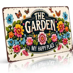 The Garden My Happy Place Floral Rustic Aluminum Metal Sign - 8x12 Inch Vintage Flower Butterfly Wall Decor for Backyard Garden, Patio, Porch & Gardener's Space - Inspirational Gift for Gardeners, Plant Lovers & Cottage Home Decor Enthusiasts