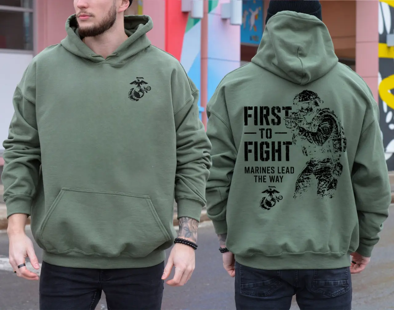 First to Fight USMC Hoodie, Patriotic Marine Veteran Graphic Hoodie, Military Pride Sweatshirt, American Flag Gift for Veterans