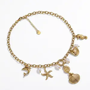 Aesthetic 14K Gold Plated Beach Necklace for Women, Dainty Pearl Shell Starfish Pendant, Trendy Ocean Summer Jewelry, Waterproof Gift for Her tiktokshopspringglowup