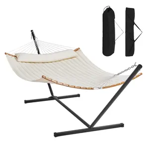 2 Person Hammock with Stand, Double Hammock with Strong Curved-Bar, Detachable Pillow & Portable Bag, Heavy Duty 480lb Two Person Hammock Double Quilted Fabric Hammock with Stand for Outside