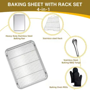 Commercial Grade Baking Pan 4-Piece Set with Rack, Mitts & Tongs - Warp Resistant, Easy Clean, 16in/10.31in Options