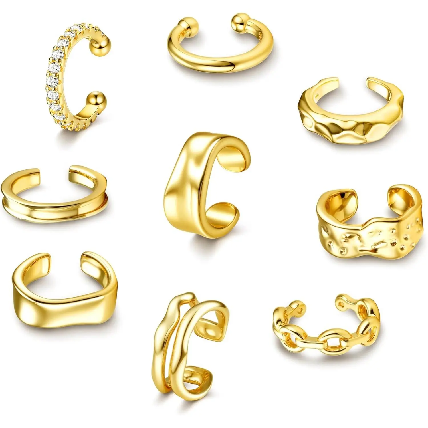 YADOCA 9Pcs Ear Cuff Non Piercing Earrings for Women Me 14K Gold Plated Ear Cuffs Earring Non Pierced Ears Adjustable Clip On Trendy Fake Cartilage Conch Helix Jewelry with 5A CZ